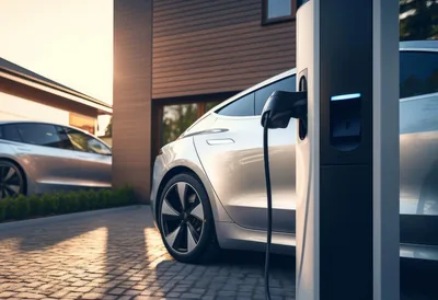 A car on a driveway charging at a wall-mounted unit beside the garage.