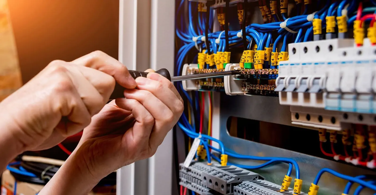 Hands working with a screwdriver on the branch wiring inside an open loadcentre.