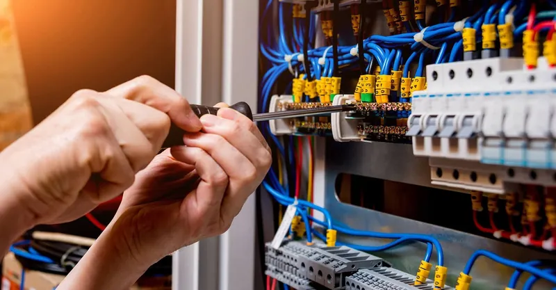Hands working with a screwdriver on the branch wiring inside an open loadcentre.